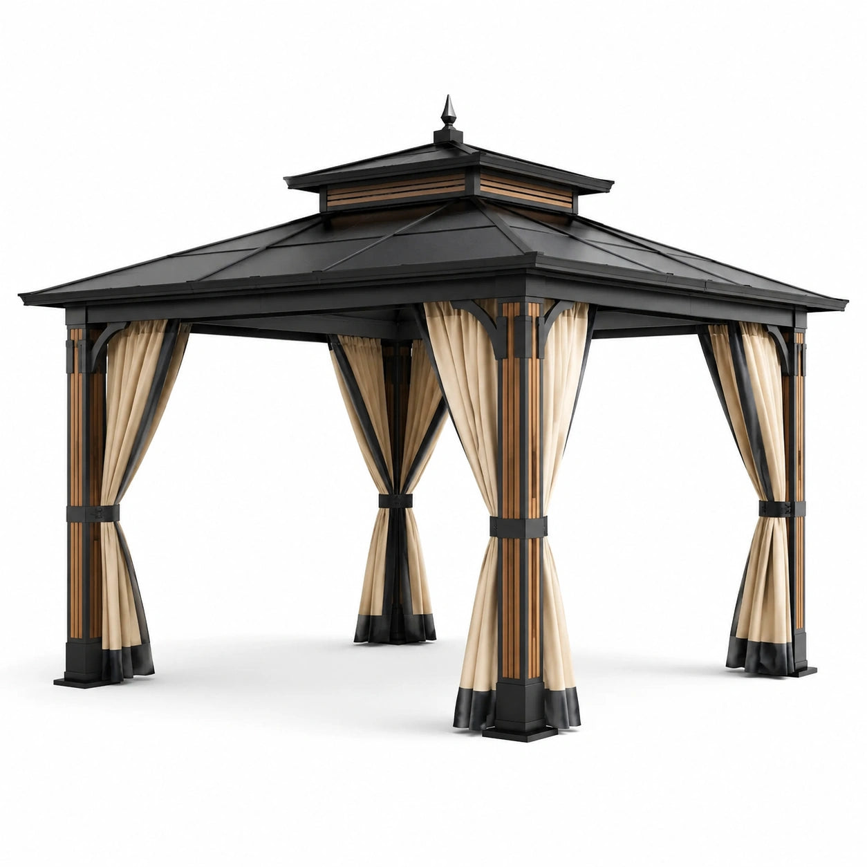 Pavillon Metall mit Polyester Vorhängen Schwarz/Beige 300x400 cm