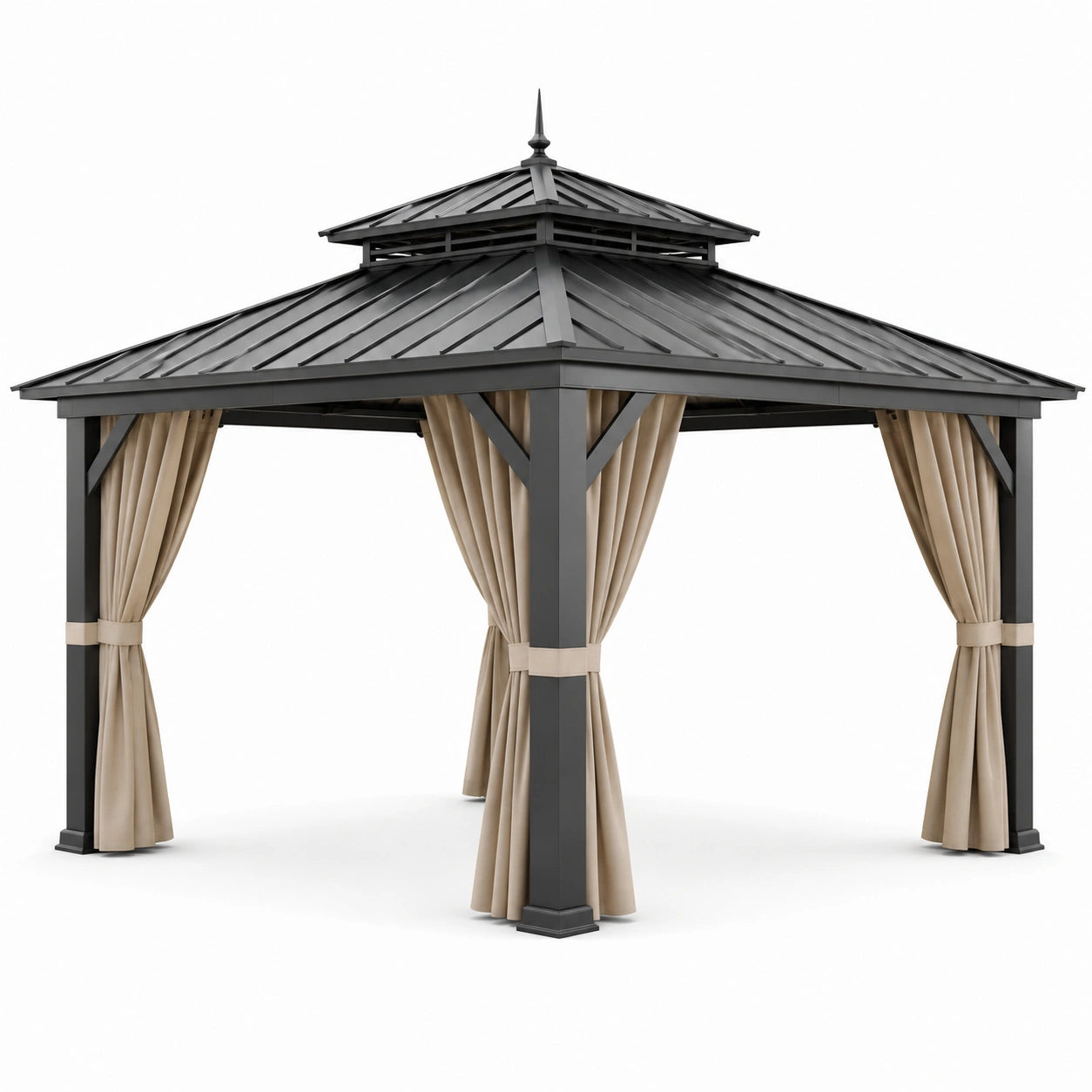 Gartenpavillon Aluminium Schwarz mit Polyester-Vorhängen 3x4m