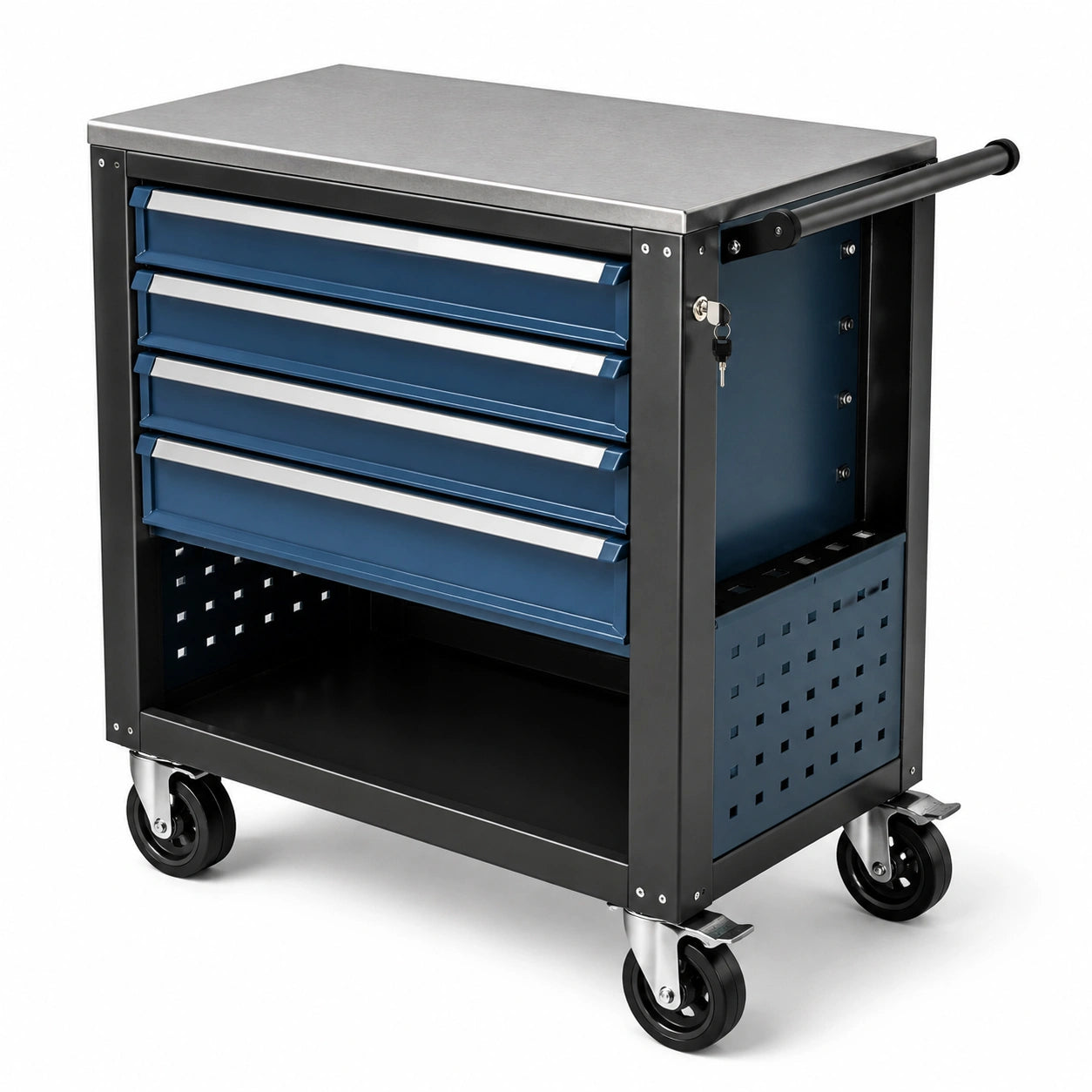 Stahl Werkzeugwagen mit 4 Schubladen Blau/Schwarz 80x40x85 cm
