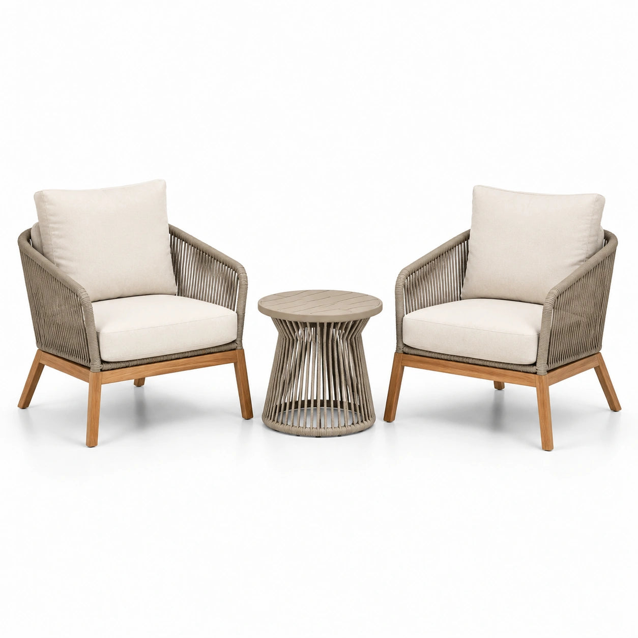 Gartenset mit 2 Stühlen und Tisch aus Teakholz und Polyester Beige