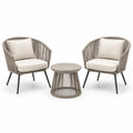 3-teiliges Bistro-Set mit Sesseln aus Seilgeflecht und Tisch, Aluminium und Metall, grau/beige