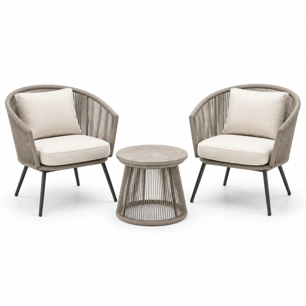 3-teiliges Bistro-Set mit Sesseln aus Seilgeflecht und Tisch, Aluminium und Metall, grau/beige