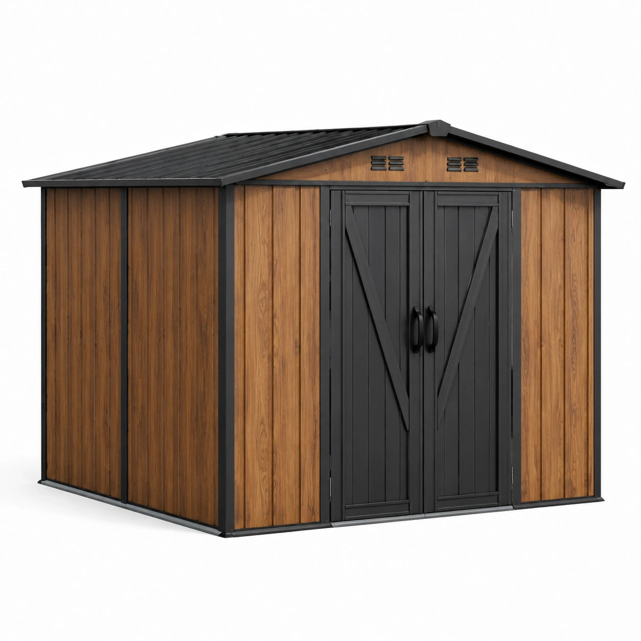 Gartenhaus aus Stahl und Holzoptik mit Satteldach und Doppeltür, Braun/Schwarz