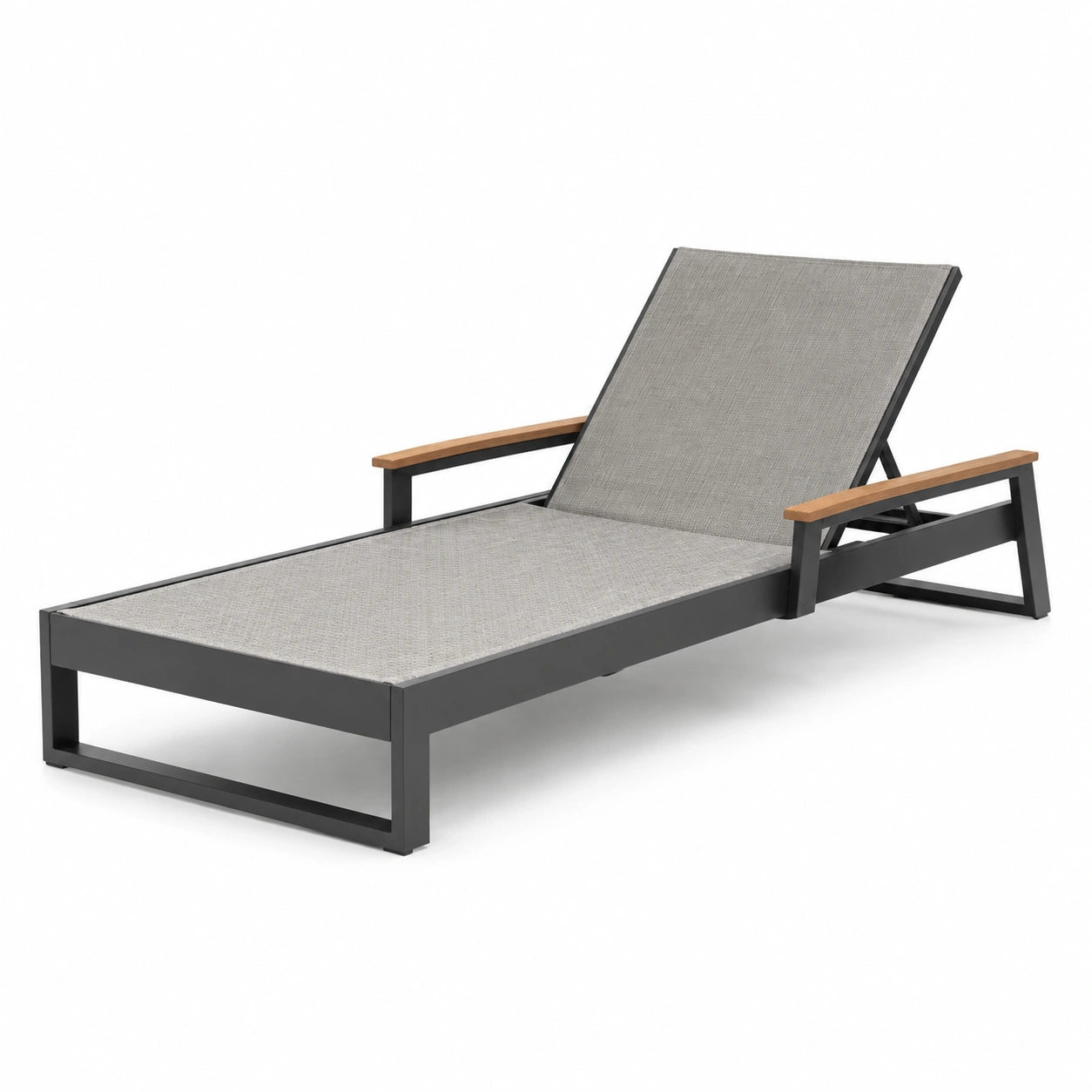 Gartenliege Aluminium Textilene Grau mit Holzarmlehnen