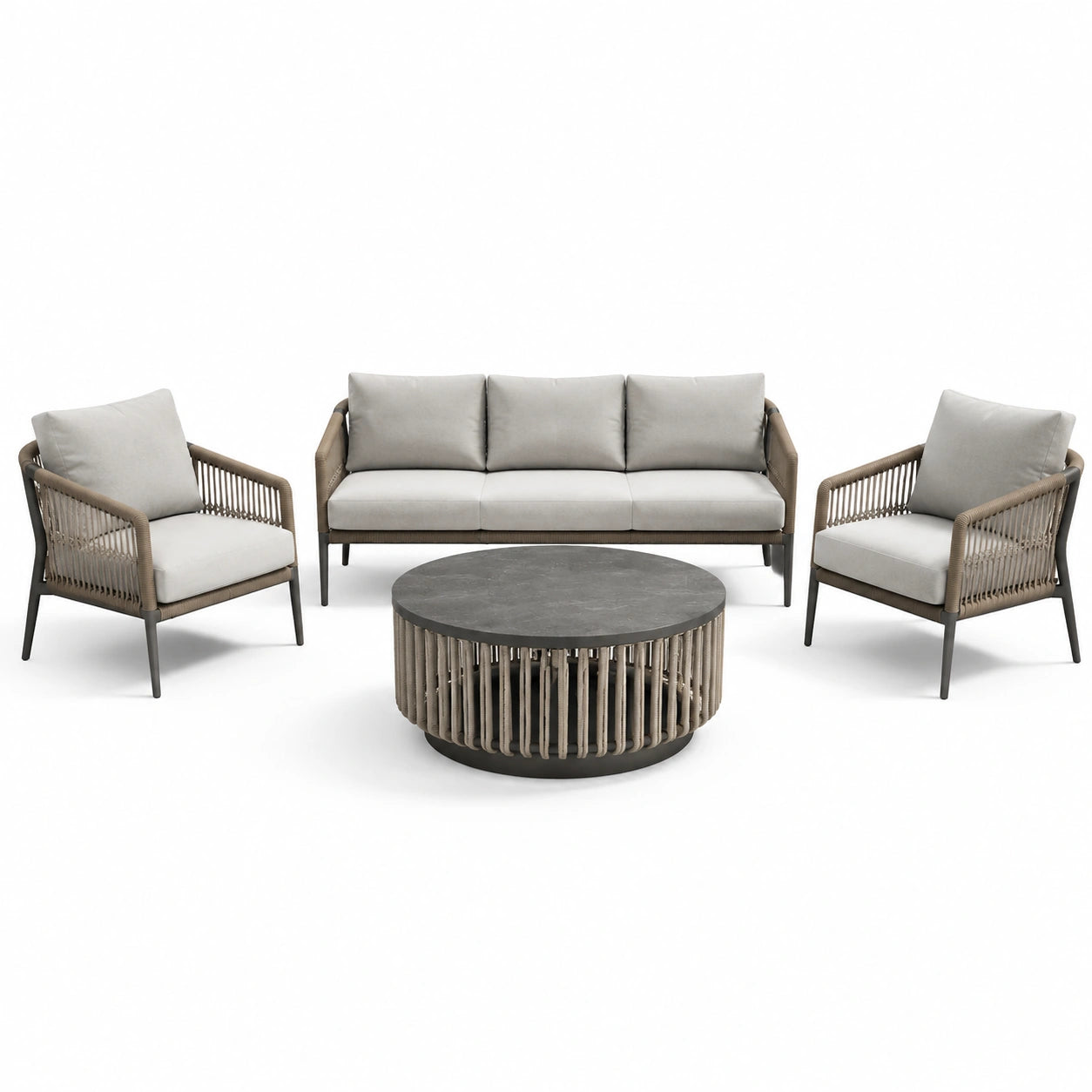Gartenmöbel-Set aus Aluminium und synthetischem Seil mit rundem HPL-Tisch