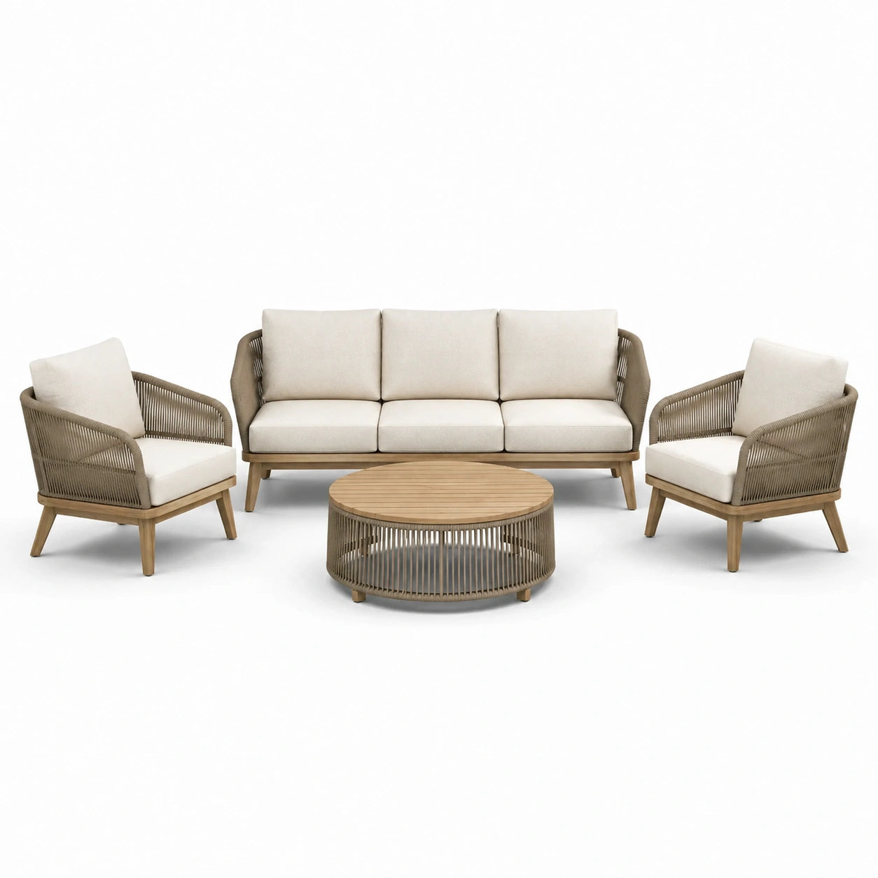 Gartenlounge Set Holztisch und Seilgeflecht-Sofas Beige