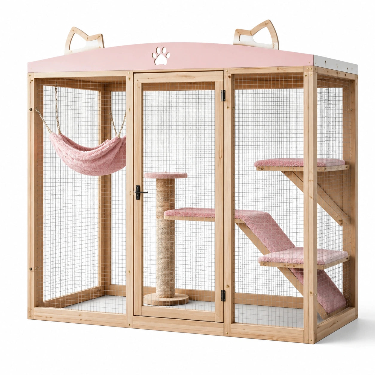 Katzengehege aus Kiefernholz mit rosa Dach und Hängematte