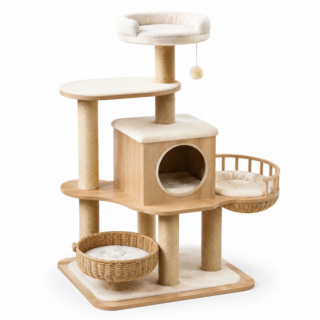 Katzenbaum aus MDF und Sisal, 4 Ebenen, Beige, 120 cm hoch
