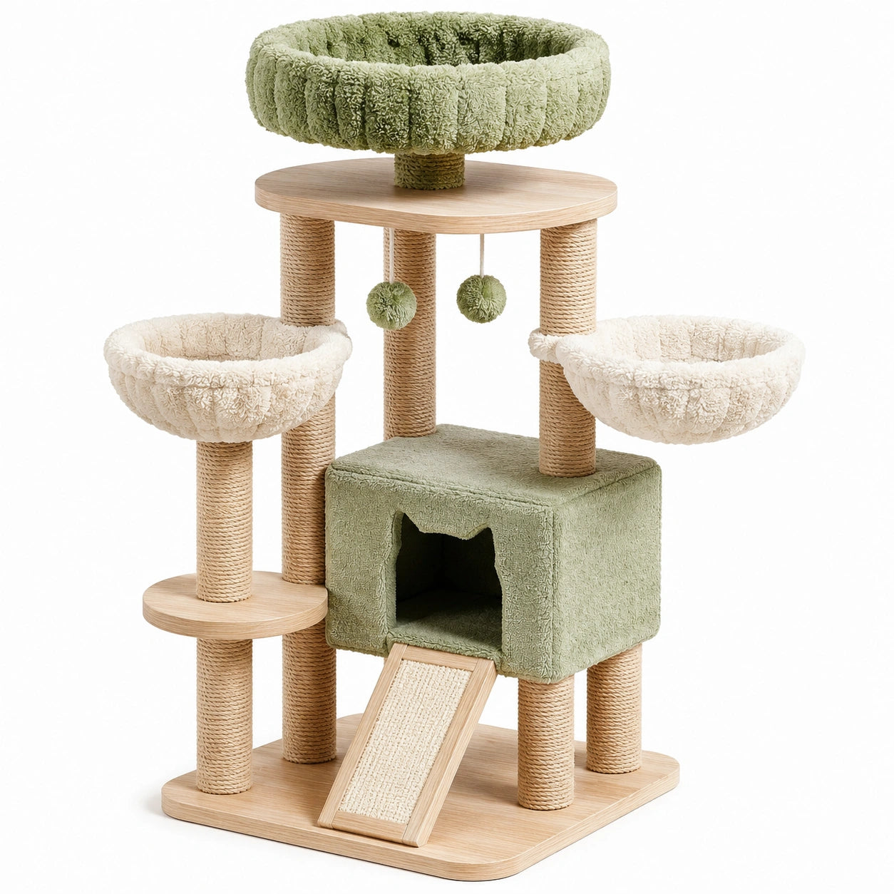 Katzenbaum aus Holzwerkstoff mit Polyester und Sisal, Grün/Beige